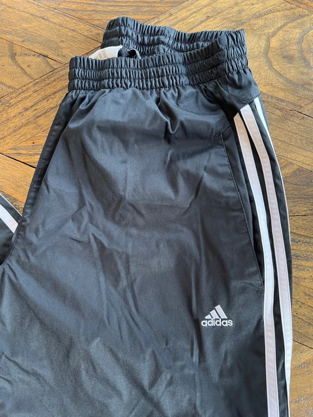 Adidas Mens Track Pants, Black w/3 White Stripes, Retro Baggy Style, Lined, Sz L